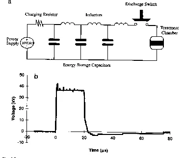 Figure 2. Square pulse generator using a pulse-forming network of 3 capacitors inductor units and a voltage trace across the treatment chamber.
